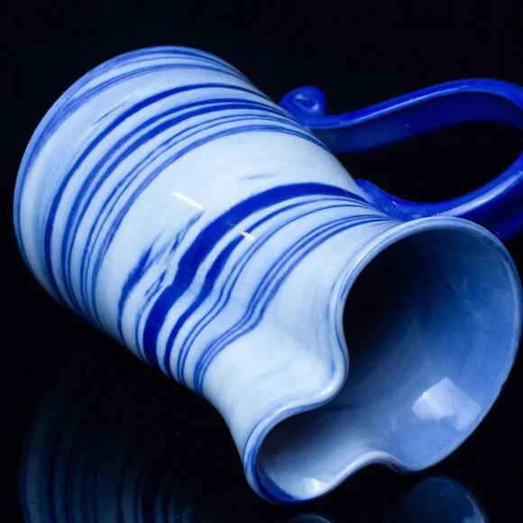 Handcrafted Blue & White Ceramic Pitcher With Swirl Design - Unique Wavy Rim - Picture 5 of 8